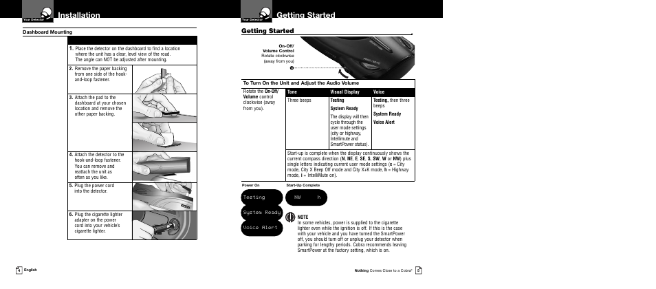 Getting started, Installation, System ready voice alert | Testing, Nw h 1 | Cobra Electronics XRS 9740 User Manual | Page 5 / 21