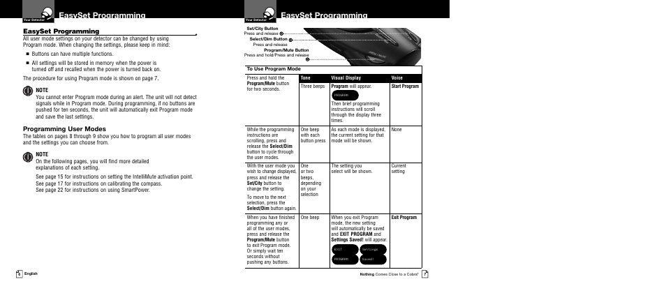 Easyset programming, Programming user modes, Buttons can have multiple functions | Cobra Electronics XRS 9740 User Manual | Page 6 / 21
