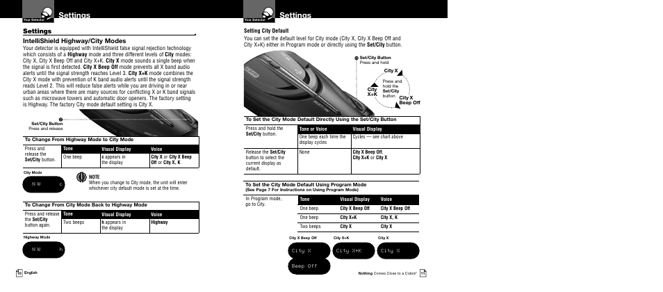 Settings, Intellishield highway/city modes | Cobra Electronics XRS 9740 User Manual | Page 8 / 21