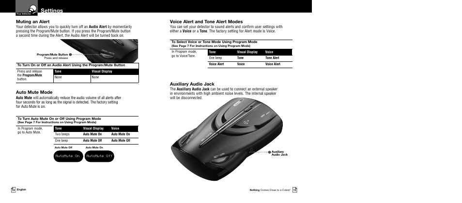 Settings, Auxiliary audio jack, Muting an alert | Auto mute mode, Voice alert and tone alert modes | Cobra Electronics XRS 9740 User Manual | Page 9 / 21