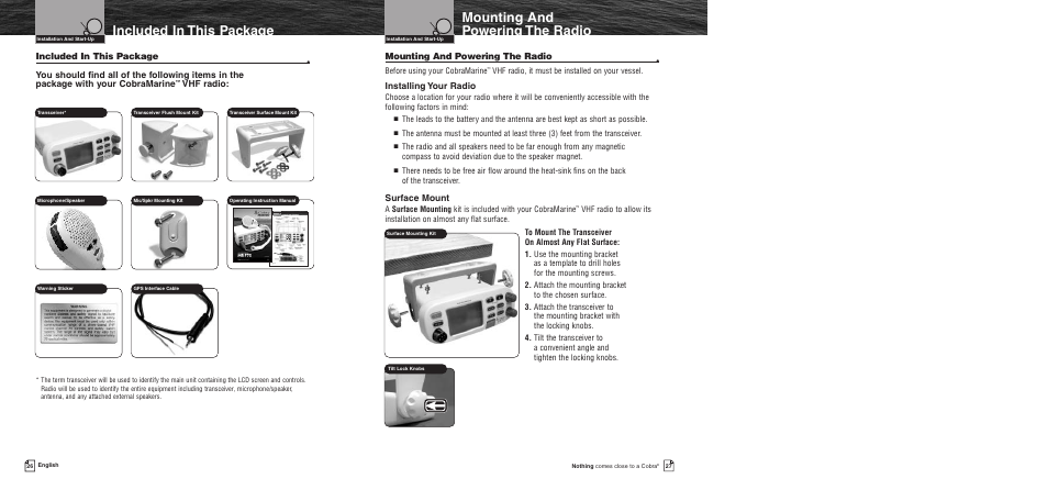 Included in this package, Mounting and powering the ra, Mounting and powering the radio | Installing your radio, Surface mount, Vhf radio | Cobra Electronics MR F75 User Manual | Page 16 / 40