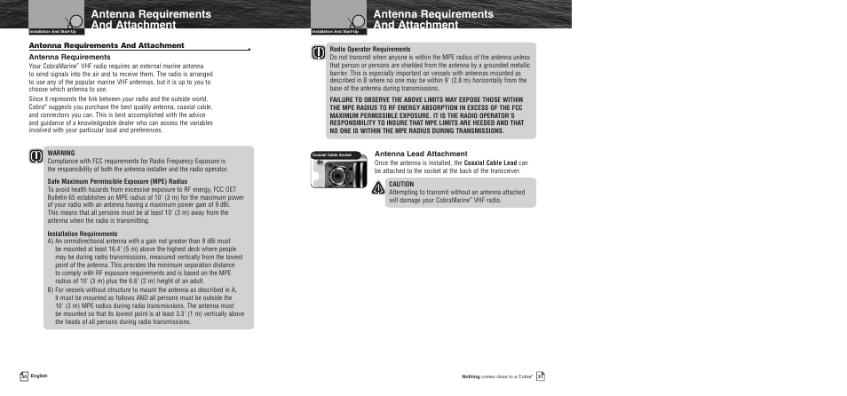 Antenna requiremen, Nd attachment, Antenna requirements and attachment | Cobra Electronics MR F75 User Manual | Page 18 / 40