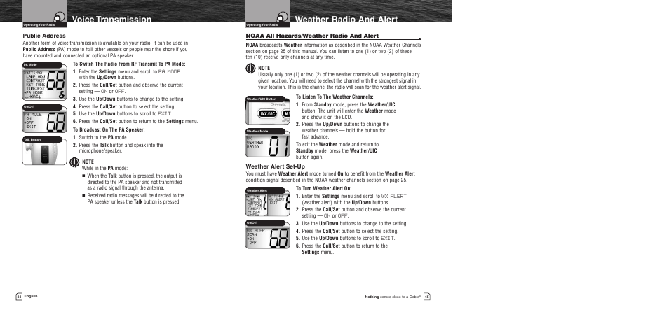 Weather radio and alert, Voice transmission | Cobra Electronics MR F75 User Manual | Page 25 / 40