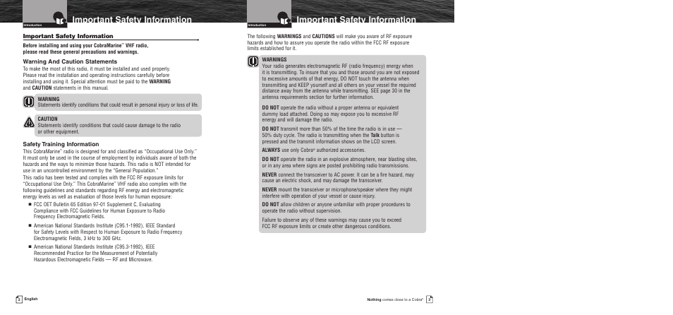 Voice calling, Important safety information, Recommendations for marine c | Cobra Electronics MR F75 User Manual | Page 4 / 40