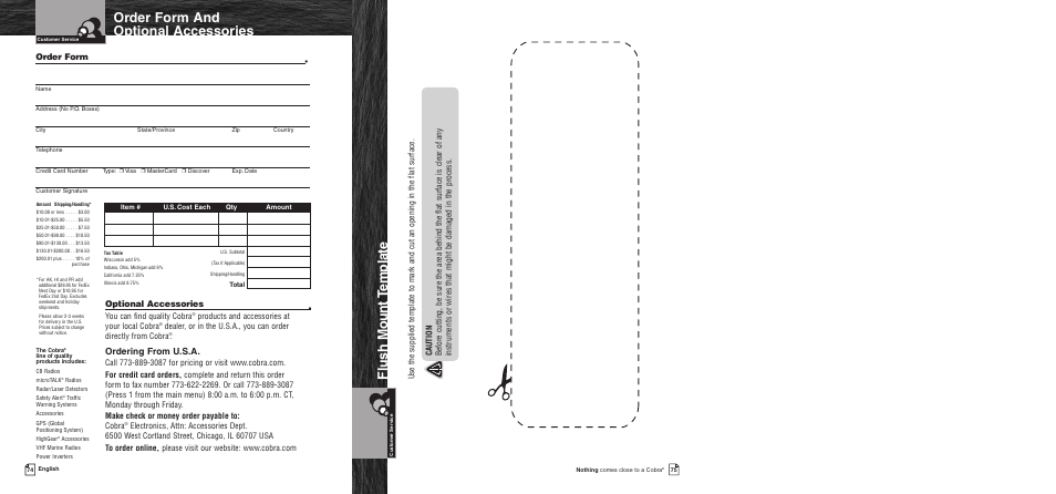 Optional accessor, Optional accessories, Flush mount t emplate | Order form and optional accessories, Ordering from u.s.a, Order form | Cobra Electronics MR F75 User Manual | Page 40 / 40