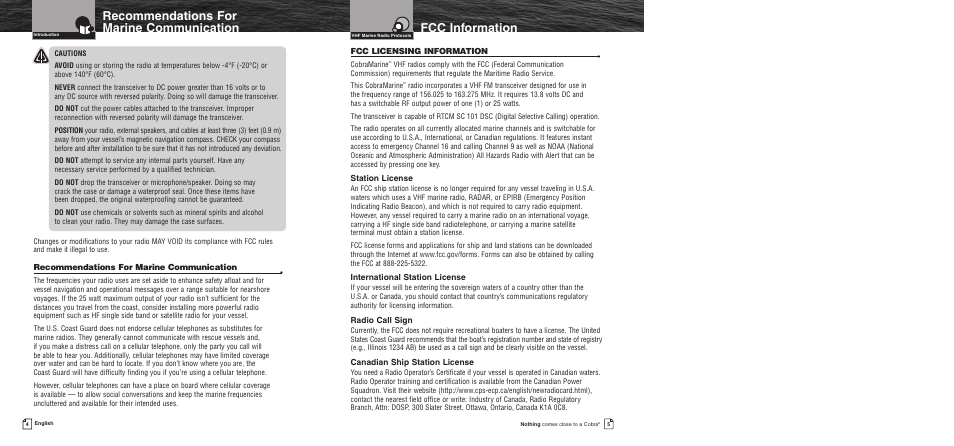 Digital selective calling (d, Maritime mobile service iden, Fcc information | Recommendations for marine communication | Cobra Electronics MR F75 User Manual | Page 5 / 40