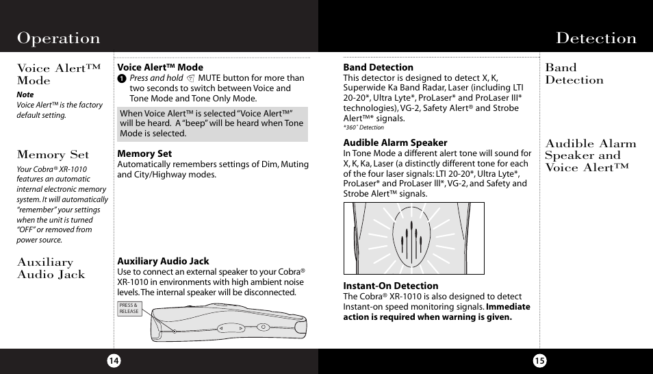 Operation, Detection, Voice alert™ mode | Auxiliary audio jack | Cobra Electronics High Performance 10 Band XR-1010 User Manual | Page 11 / 16