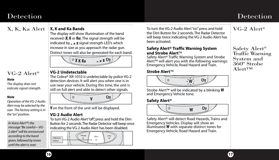 Detection, Vg-2 alert, X, k, ka alert vg-2 alert | Safety alert, Traffic warning system and 360º strobe alert | Cobra Electronics High Performance 10 Band XR-1010 User Manual | Page 12 / 16