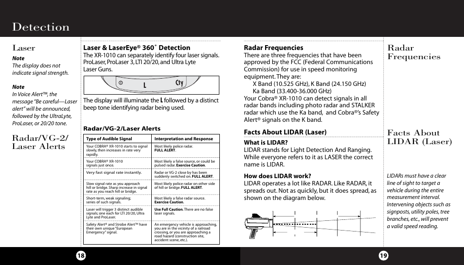 Detection, Radar/vg-2/ laser alerts, Laser | Radar frequencies facts about lidar (laser), Laser & lasereye® 360˚ detection, Radar frequencies, Facts about lidar (laser), Lcty | Cobra Electronics High Performance 10 Band XR-1010 User Manual | Page 13 / 16