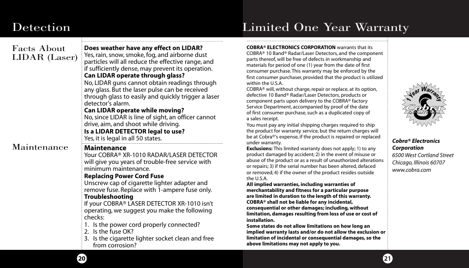 Detection, Limited one year warranty, Maintenance facts about lidar (laser) | Cobra Electronics High Performance 10 Band XR-1010 User Manual | Page 14 / 16