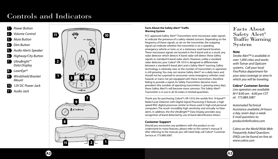 Introduction, Controls and indicators, Facts about safety alert | Traffic warning system | Cobra Electronics High Performance 10 Band XR-1010 User Manual | Page 3 / 16
