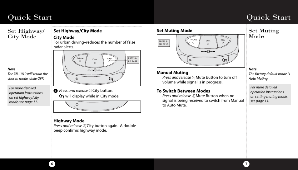 Quick start, Set highway/ city mode, Set muting mode | Cobra Electronics High Performance 10 Band XR-1010 User Manual | Page 7 / 16