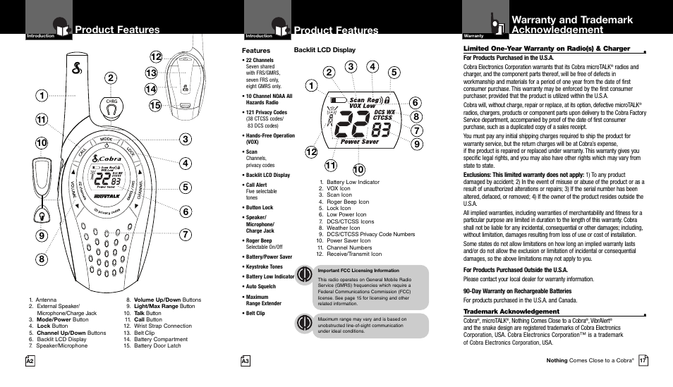 Product features, Warranty and trademark acknowledgement | Cobra Electronics CXT225 User Manual | Page 2 / 11