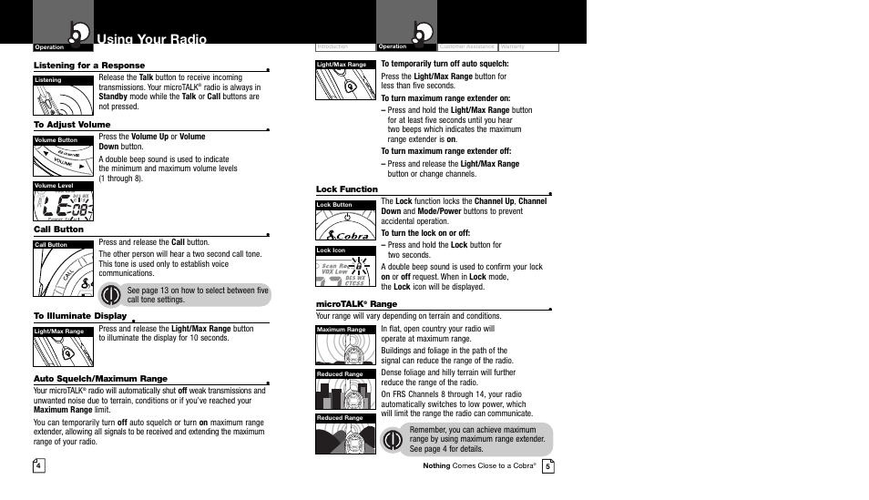 Using your radio | Cobra Electronics CXT225 User Manual | Page 5 / 11