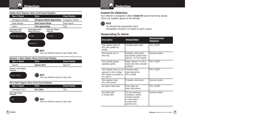 Detection, Instant-on detection, Responding to alerts | Cobra Electronics Pro 9580 User Manual | Page 11 / 16