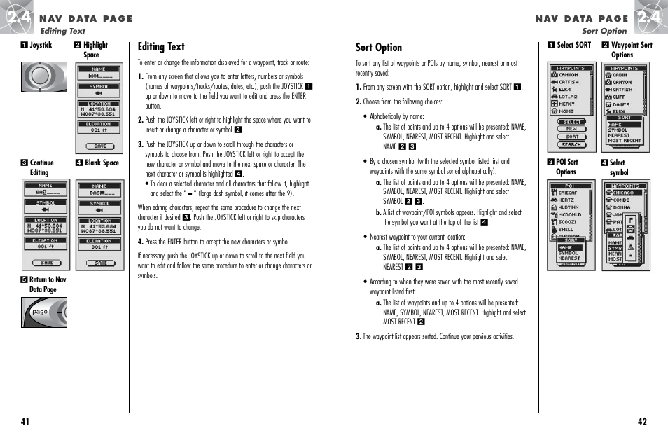 Editing text, Sort option | Cobra Electronics GPS 500 User Manual | Page 24 / 36