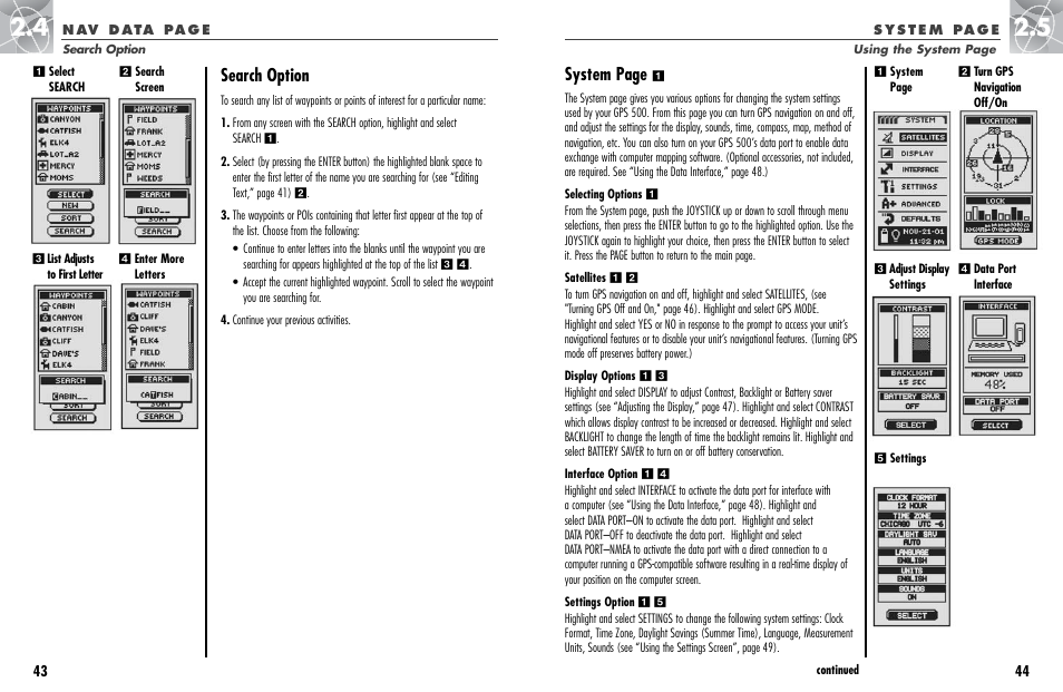 Search option, System page | Cobra Electronics GPS 500 User Manual | Page 25 / 36