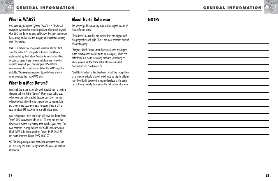 What is waas, What is a map datum, About north reference | Cobra Electronics GPS 500 User Manual | Page 32 / 36