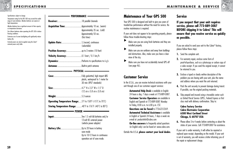 Maintenance of your gps 500, Customer service, Service | Cobra Electronics GPS 500 User Manual | Page 33 / 36