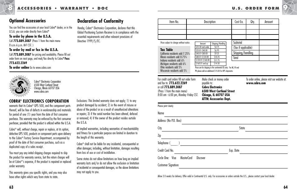 Optional accessories, Declaration of conformity, Cobra | Electronics corporation | Cobra Electronics GPS 500 User Manual | Page 35 / 36