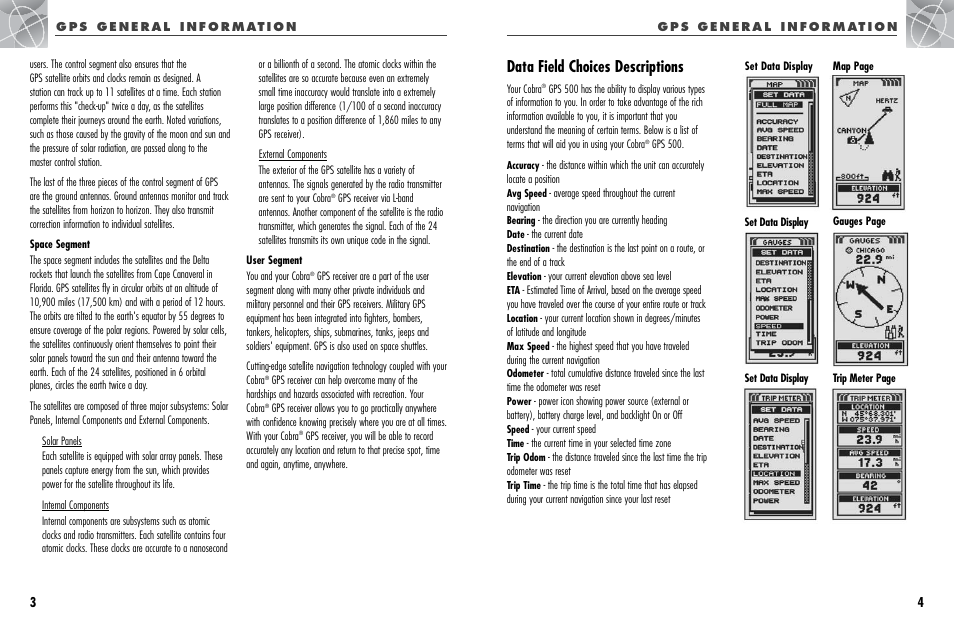 Data field choices descriptions | Cobra Electronics GPS 500 User Manual | Page 5 / 36