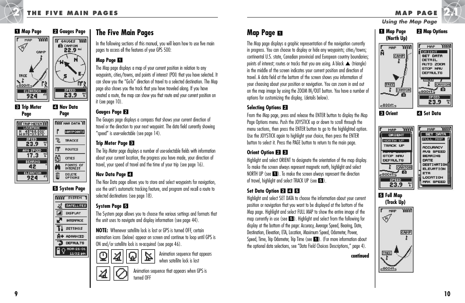 Map page, The five main pages | Cobra Electronics GPS 500 User Manual | Page 8 / 36