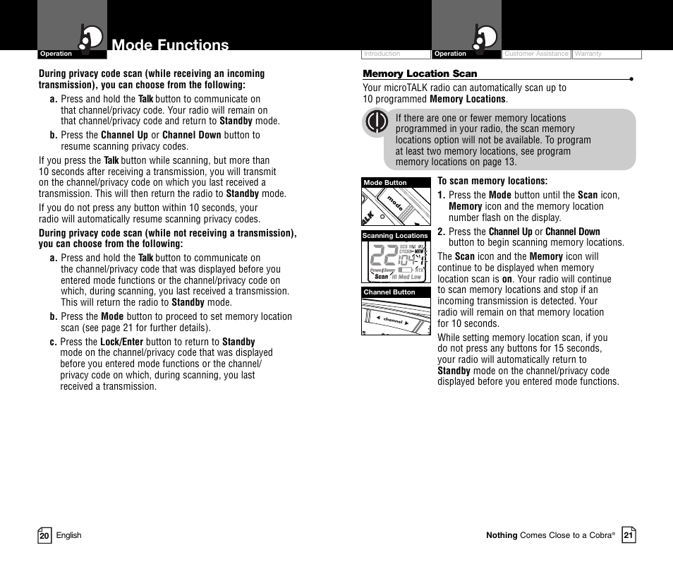 Mode functions | Cobra Electronics MICROTALK CXR800C User Manual | Page 13 / 18