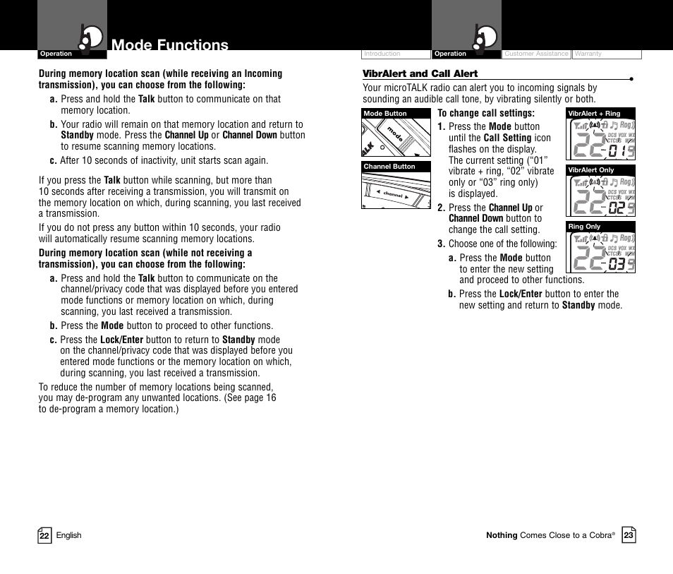 Mode functions | Cobra Electronics MICROTALK CXR800C User Manual | Page 14 / 18