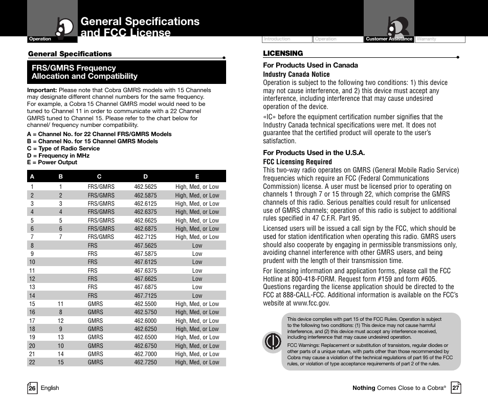 General specifications and fcc license, Frs/gmrs frequency allocation and compatibility | Cobra Electronics MICROTALK CXR800C User Manual | Page 16 / 18