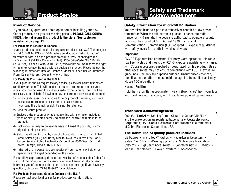 Safety and trademark acknowledgement, Product service | Cobra Electronics MICROTALK CXR800C User Manual | Page 17 / 18
