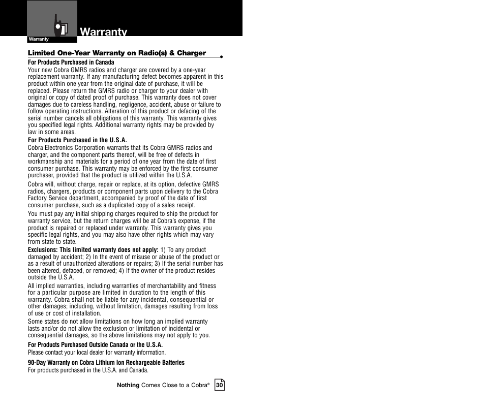 Warranty | Cobra Electronics MICROTALK CXR800C User Manual | Page 18 / 18