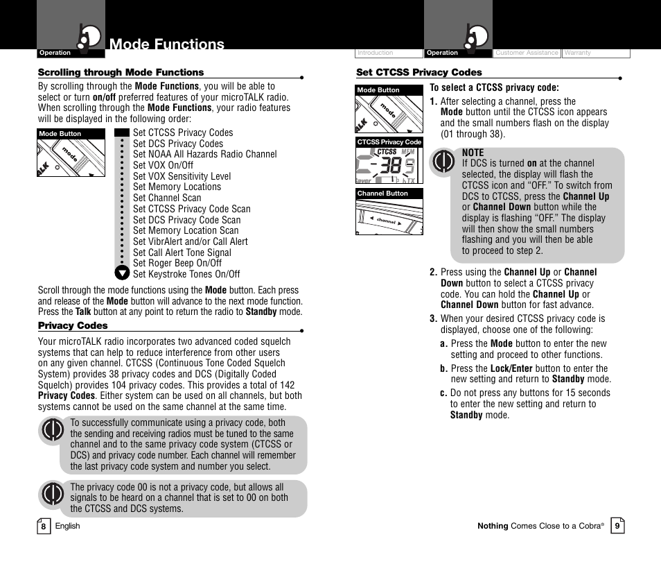 Mode functions | Cobra Electronics MICROTALK CXR800C User Manual | Page 7 / 18
