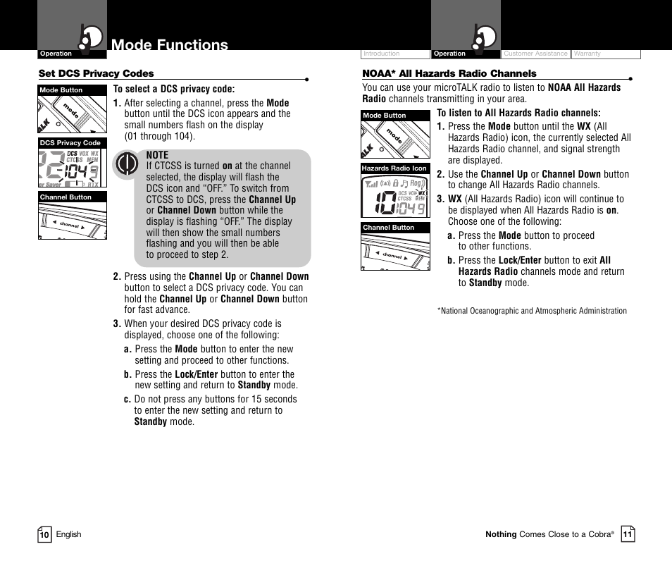Mode functions | Cobra Electronics MICROTALK CXR800C User Manual | Page 8 / 18