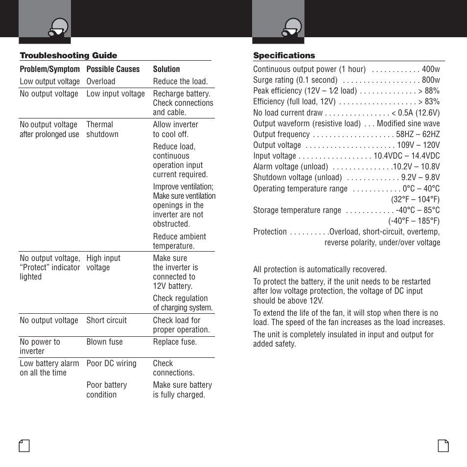 Troubleshooting guide, Specifications | Cobra Electronics CPI 400 User Manual | Page 10 / 12