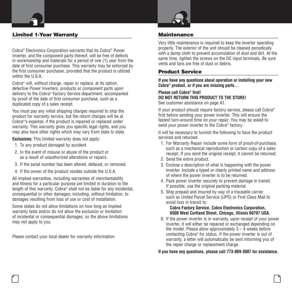Warranty, Maintenance and product service | Cobra Electronics CPI 400 User Manual | Page 11 / 12