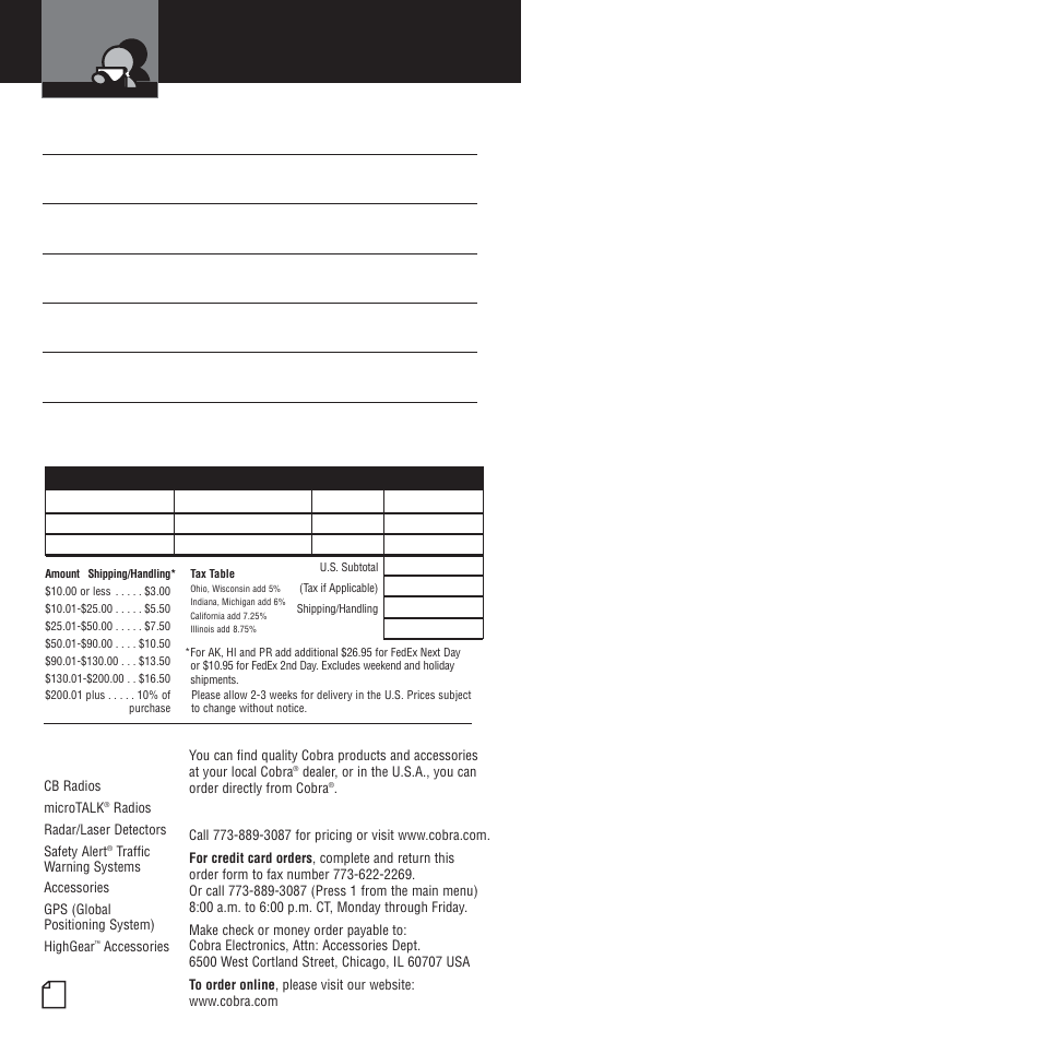 Accessories and order form | Cobra Electronics CPI 400 User Manual | Page 12 / 12