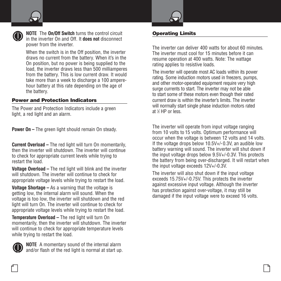 Power & protection indicators, Operating limits | Cobra Electronics CPI 400 User Manual | Page 9 / 12