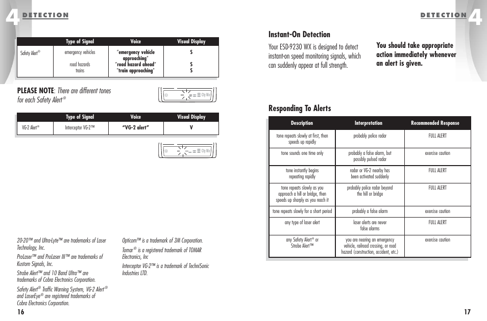 Responding to alerts instant-on detection | Cobra Electronics ESD - 9230 W X User Manual | Page 11 / 16