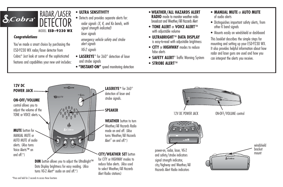 Detector, Radar/laser | Cobra Electronics ESD - 9230 W X User Manual | Page 2 / 16