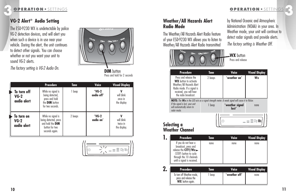 Weather/all hazards alert radio mode, Selecting a weather channel, Vg-2 alert | Audio setting | Cobra Electronics ESD - 9230 W X User Manual | Page 8 / 16