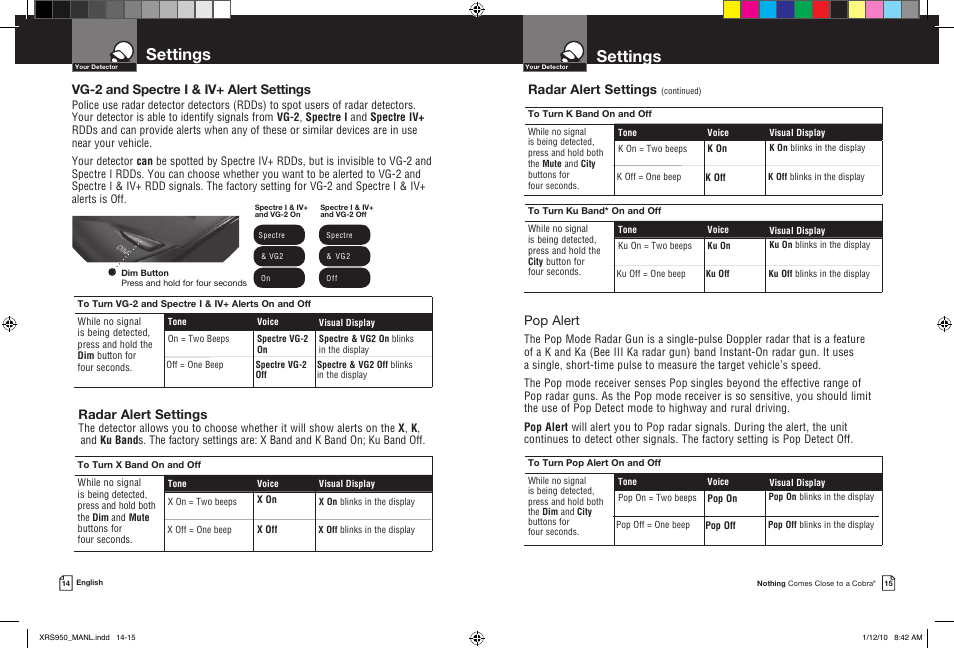 Settings, Radar alert settings, Vg-2 and spectre i & iv+ alert settings | Pop alert | Cobra Electronics 14BAND XRS 950 User Manual | Page 10 / 15