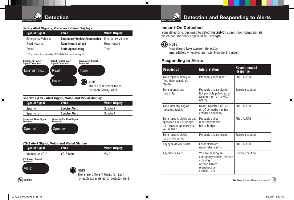 Detection and responding to alerts, Detection, Instant-on detection | Responding to alerts | Cobra Electronics 14BAND XRS 950 User Manual | Page 12 / 15