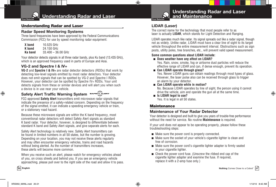 Understanding radar and laser and maintenance, Understanding radar and laser | Cobra Electronics 14BAND XRS 950 User Manual | Page 13 / 15