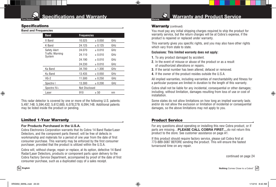 Warranty and product service, Specifications and warranty, Specifications | Warranty, Limited 1-year warranty, Product service | Cobra Electronics 14BAND XRS 950 User Manual | Page 14 / 15