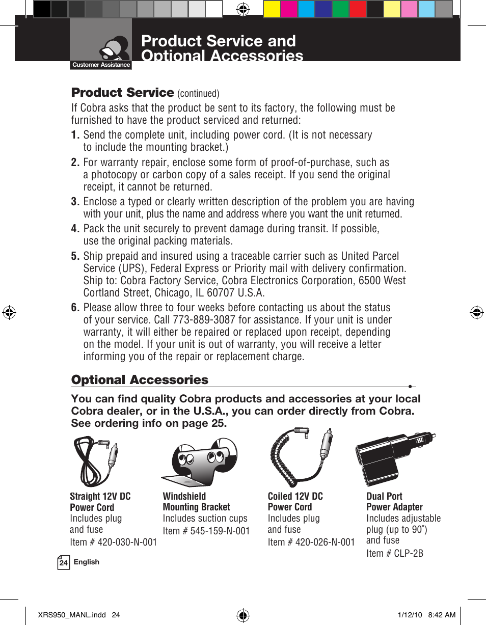 Product service and optional accessories | Cobra Electronics 14BAND XRS 950 User Manual | Page 15 / 15