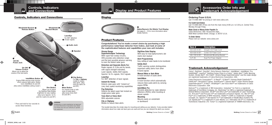 Important information and customer assistance, Display and product features, Hcontrols, indicators and connections | Product features, Display, Controls, indicators and connections, Trademark acknowledgement, Item # description | Cobra Electronics 14BAND XRS 950 User Manual | Page 2 / 15