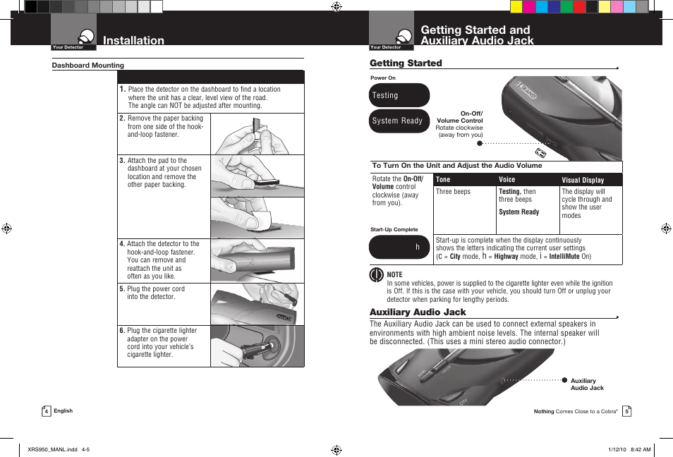 Getting started and auxiliary audio jack, Installation, Getting started | Auxiliary audio jack | Cobra Electronics 14BAND XRS 950 User Manual | Page 5 / 15