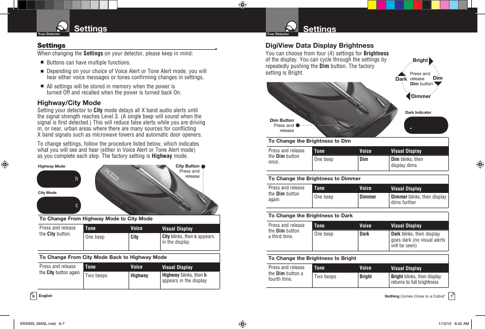 Settings, Highway/city mode, Digiview data display brightness | Cobra Electronics 14BAND XRS 950 User Manual | Page 6 / 15