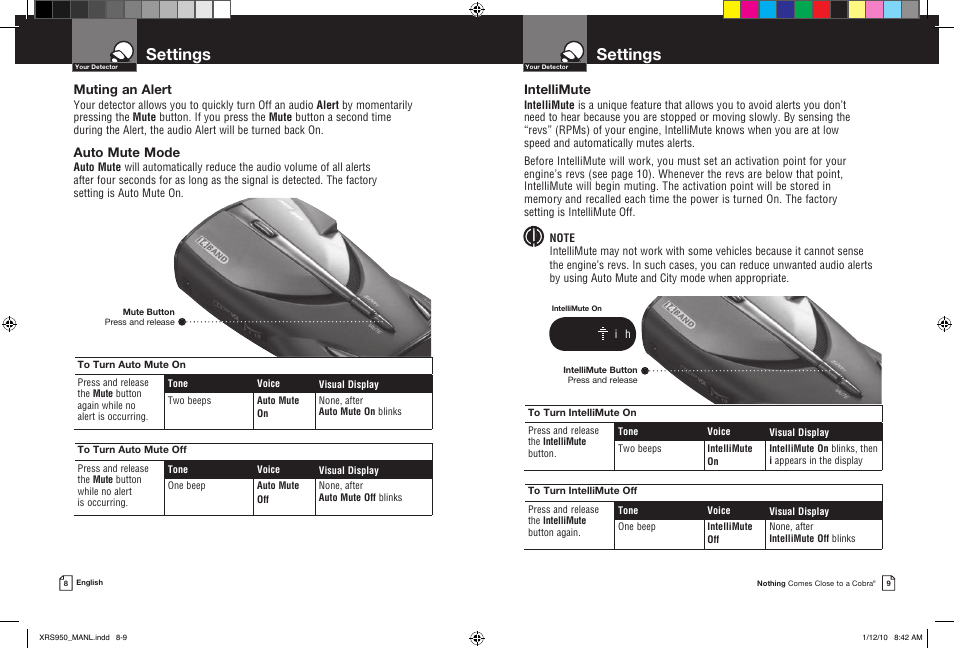 Settings, Muting an alert, Auto mute mode | Intellimute | Cobra Electronics 14BAND XRS 950 User Manual | Page 7 / 15