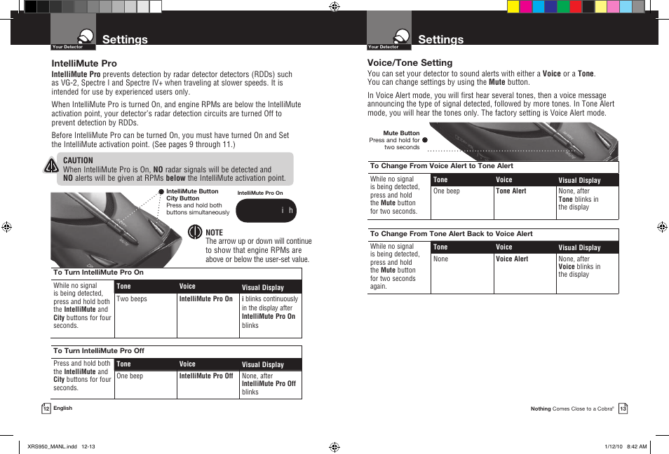 Settings, Intellimute pro, Voice/tone setting | Cobra Electronics 14BAND XRS 950 User Manual | Page 9 / 15